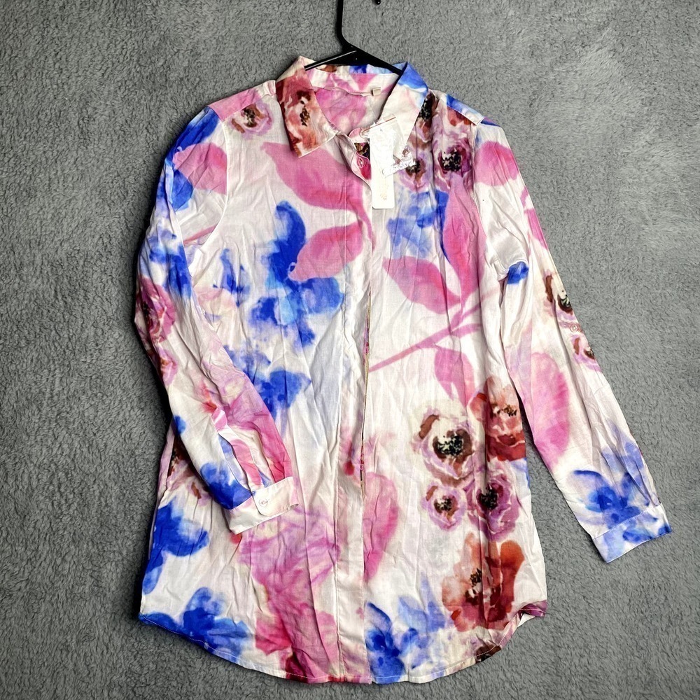 NWT Soft Surroundings roll tab button down artsy art to wear floral abstract M